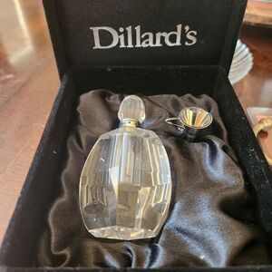 Dillard's Cut Glass Perfume Bottle Set with Silver Funnel in Black Velvet Box